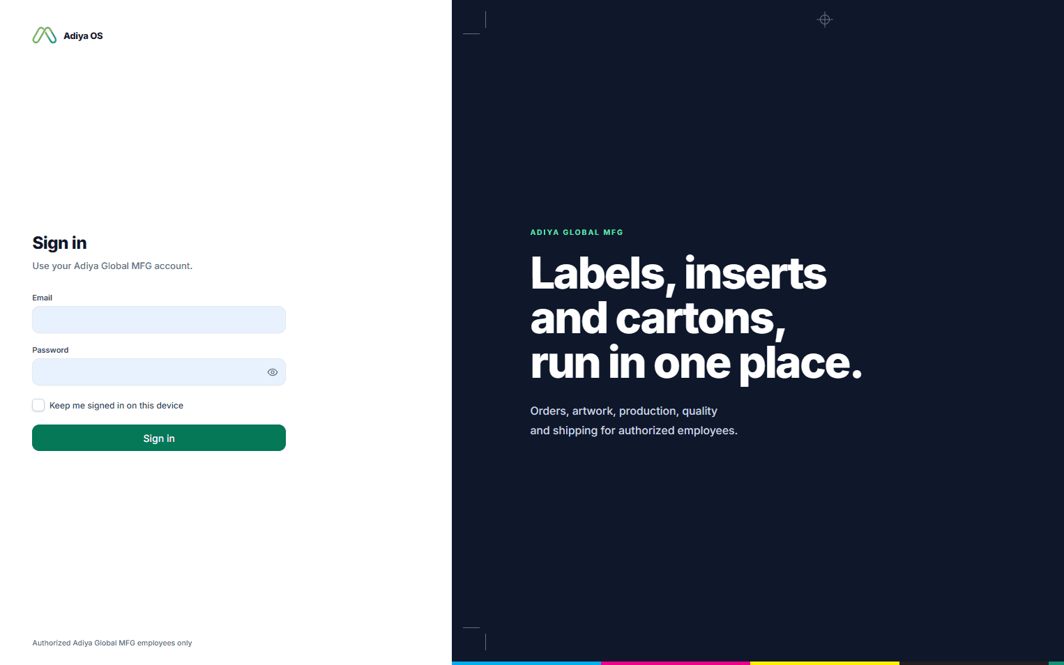 The Adiya OS sign-in page, next to the line "Labels, inserts and cartons, run in one place."