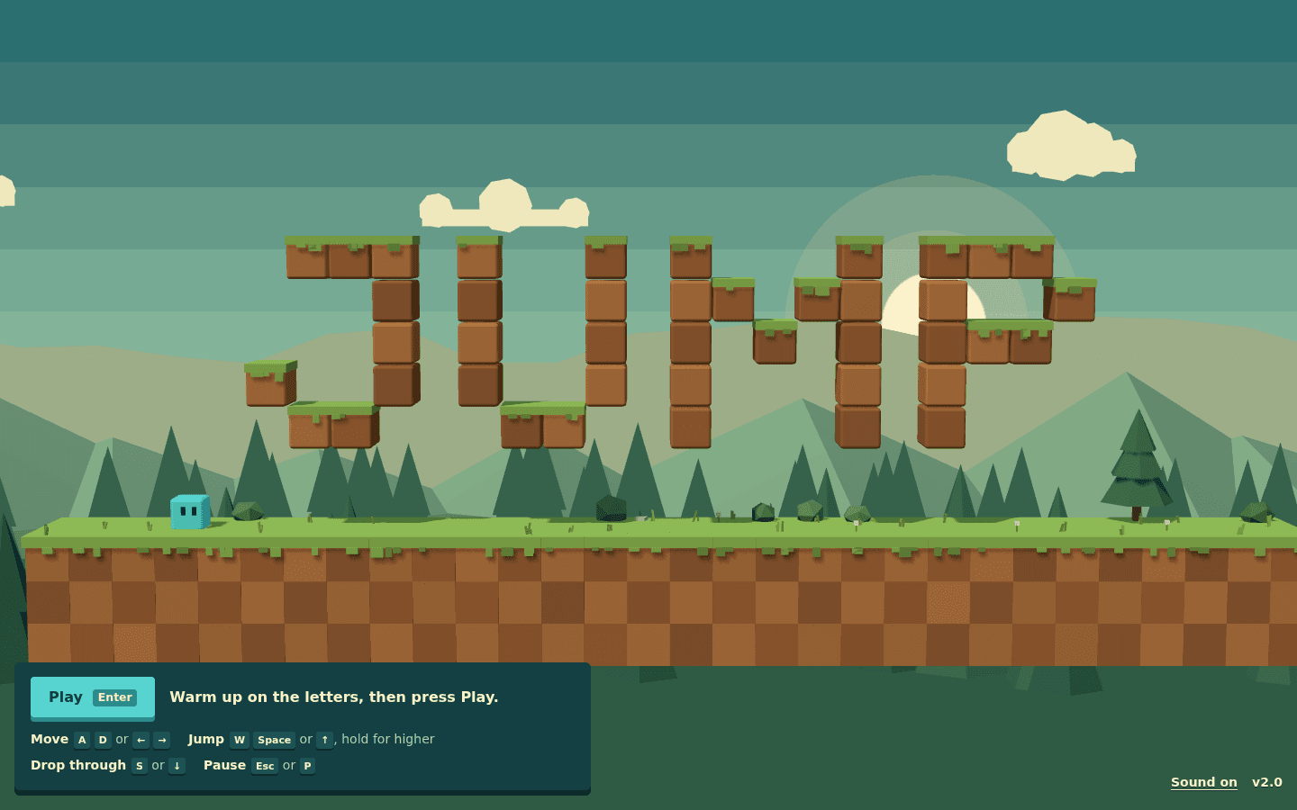 The Jump title screen: the word JUMP built from grass-topped blocks above a valley at sunset